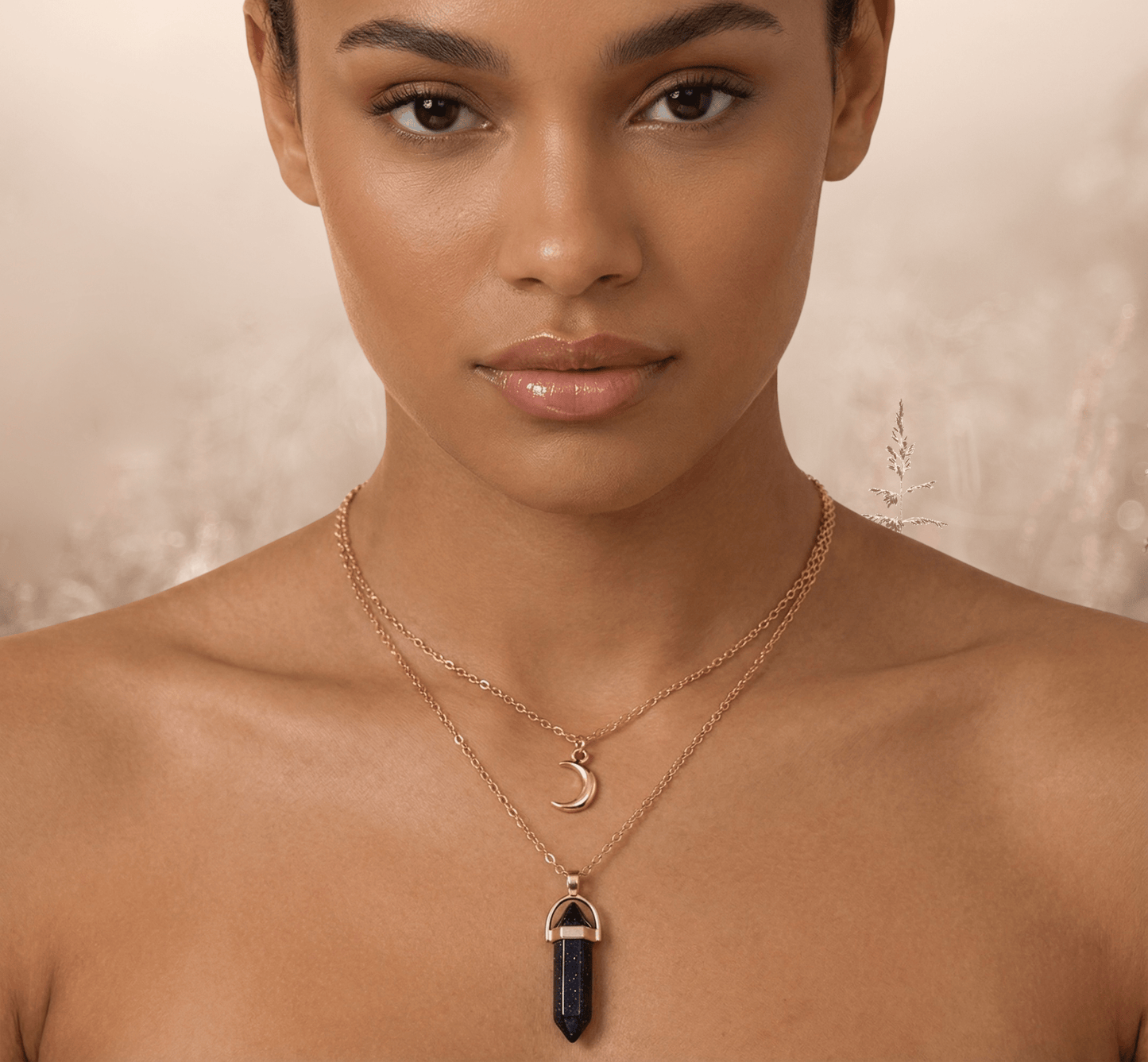 Collier Double Lune & Pierre de Naissance | Style Bohème Doré - Aventurine bleue