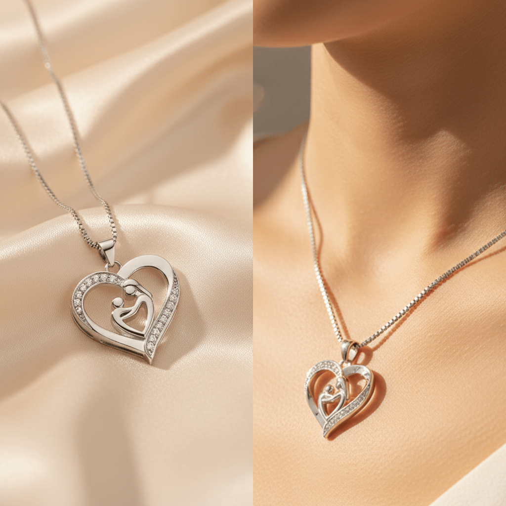 Collier cœur mère-enfant en argent porté au cou, fond beige satin minimaliste.