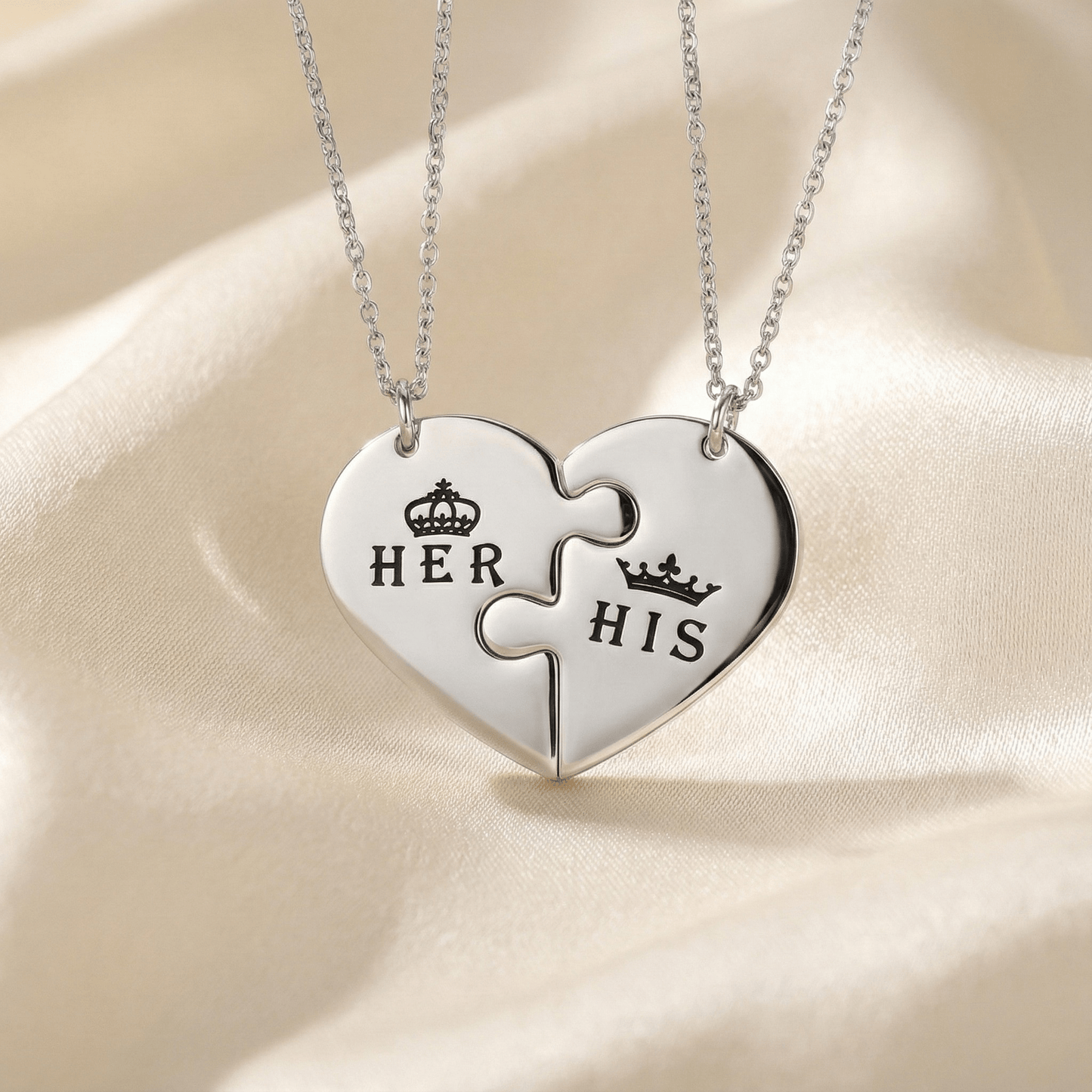 Collier Couple Puzzle Cœur en Acier Inoxydable | Votre Lien, Gravé à Jamais - Queen & King