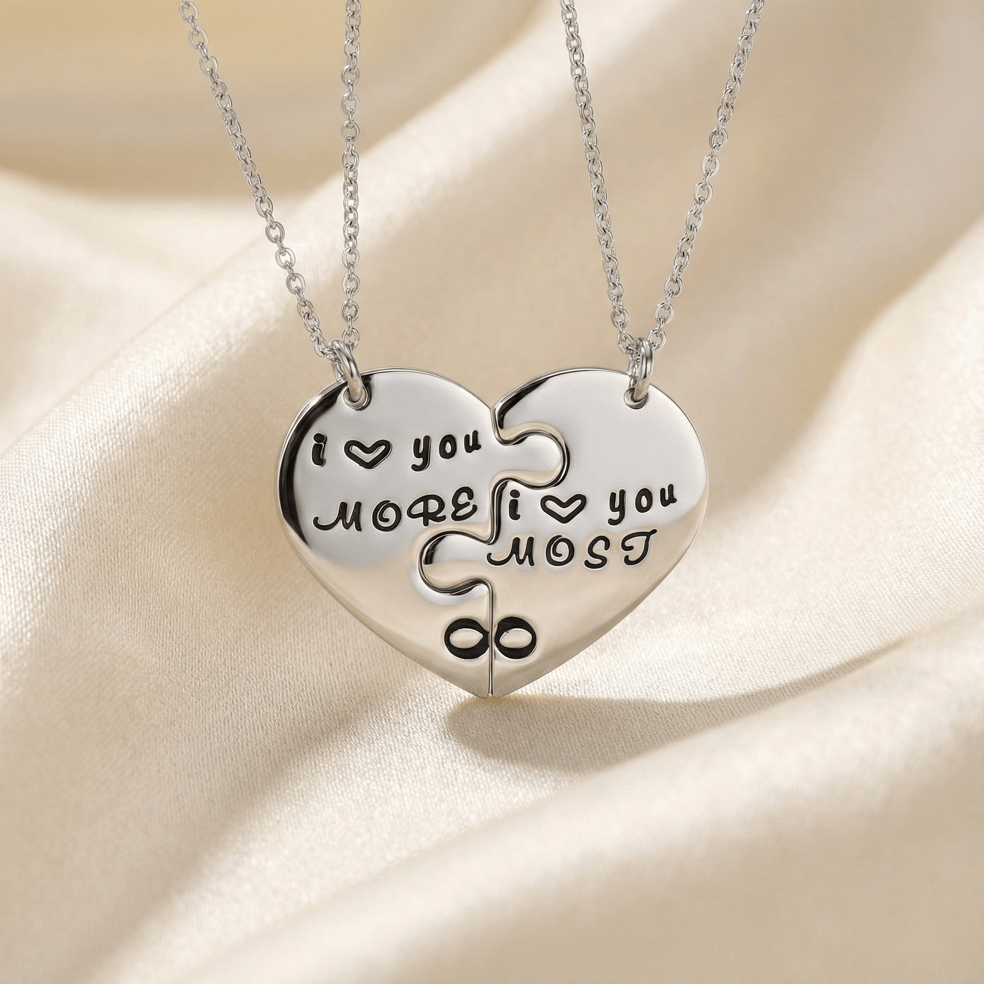 Collier Couple Puzzle Cœur en Acier Inoxydable | Votre Lien, Gravé à Jamais - Love You More