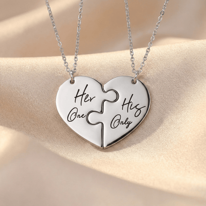 Collier Couple Puzzle Cœur en Acier Inoxydable | Votre Lien, Gravé à Jamais - Her Only & His Only