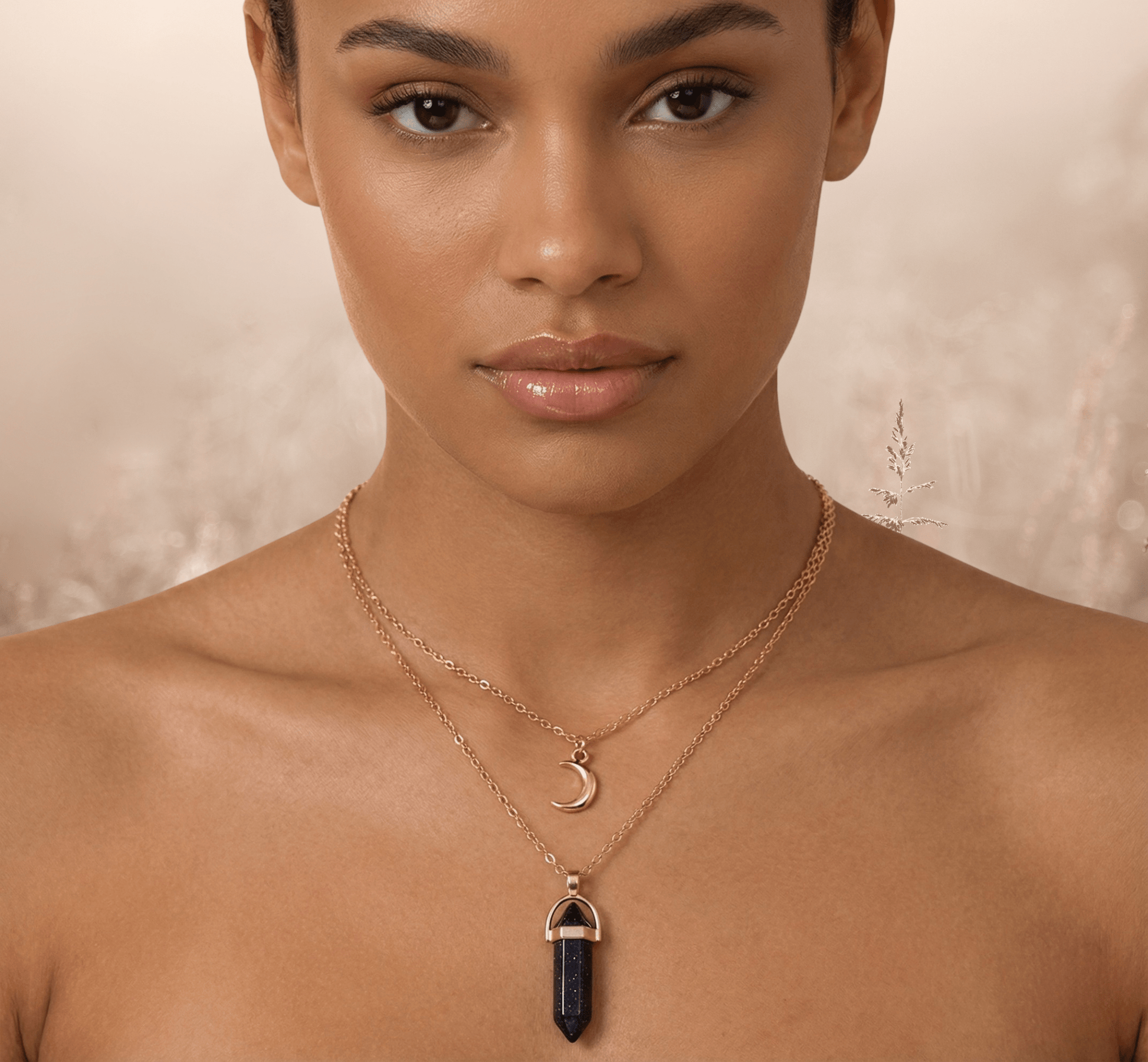 Collier Double Lune & Pierre de Naissance | Style Bohème Doré - Aventurine bleue