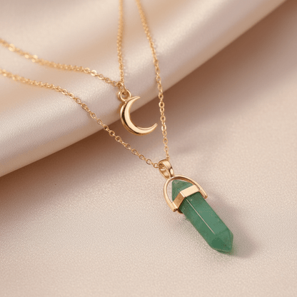 Collier Double Lune & Pierre de Naissance | Style Bohème Doré - Aventurine vert