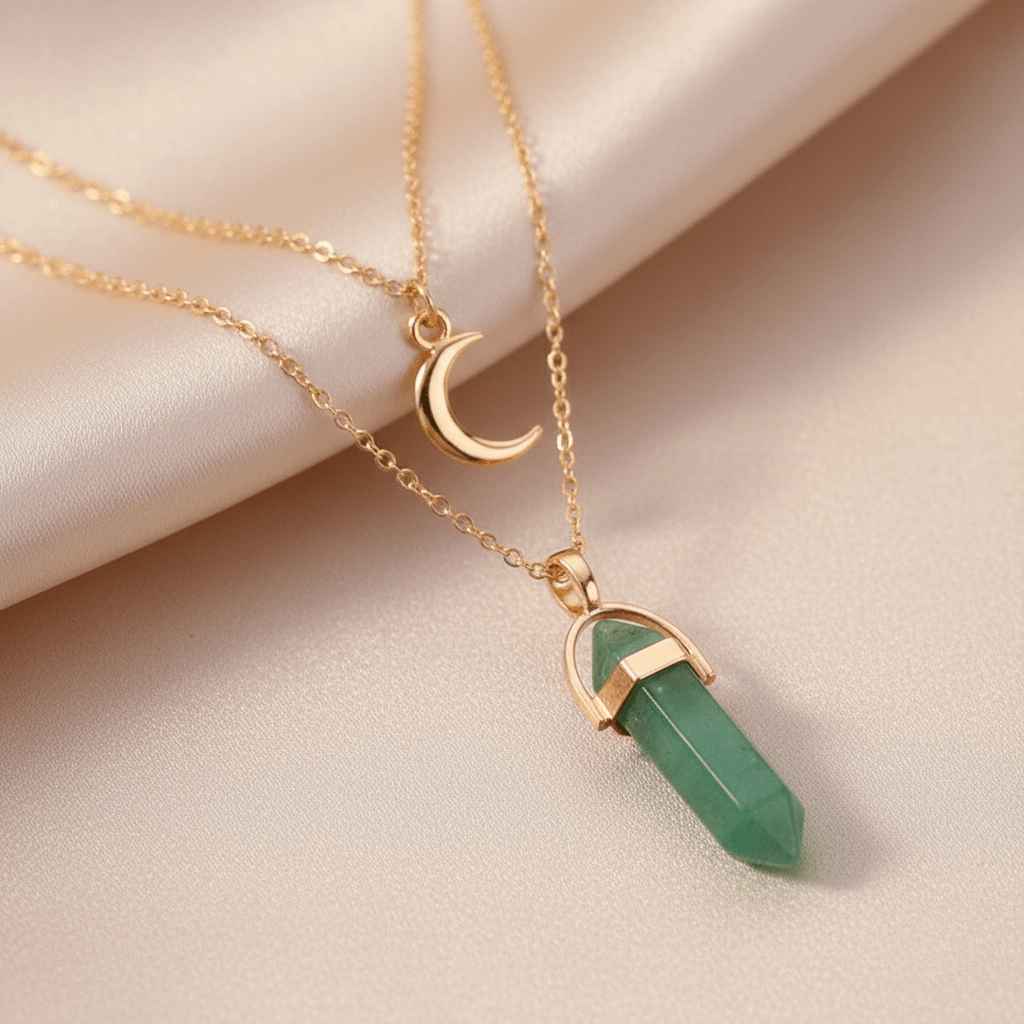 Collier Double Lune & Pierre de Naissance | Style Bohème Doré - Aventurine verte