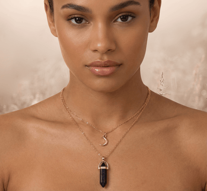 Collier Double Lune & Pierre de Naissance | Style Bohème Doré - Onyx Noir