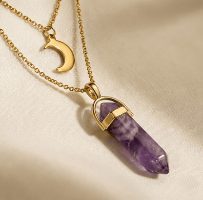 Collier Double Lune & Pierre de Naissance | Style Bohème Doré - Amethyste