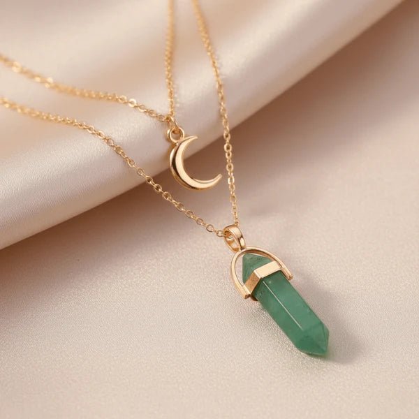 Collier Double Lune & Pierre de Naissance | Style Bohème Doré - Quartz Rose