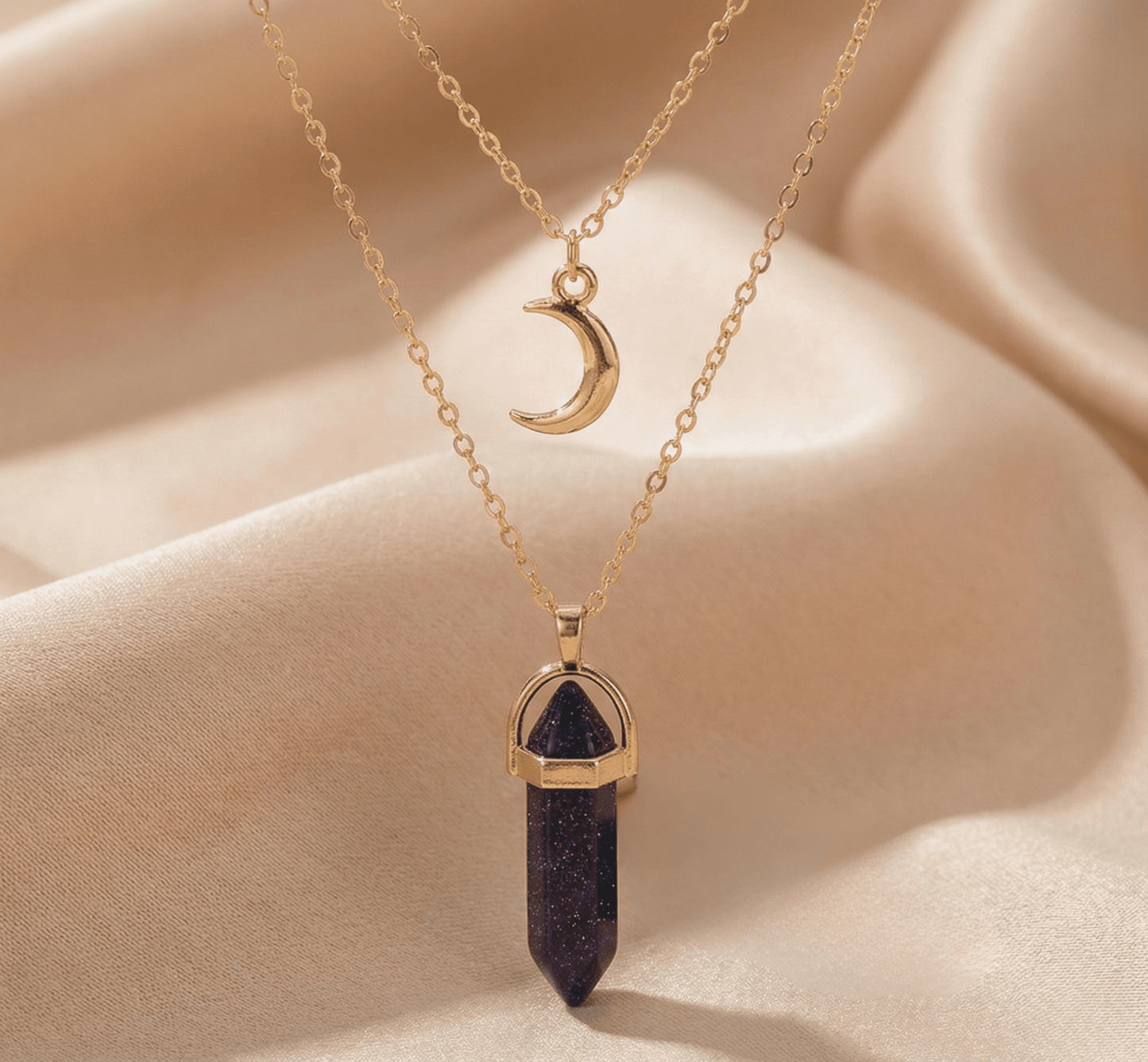 Collier Double Lune & Pierre de Naissance | Style Bohème Doré - Onyx noir
