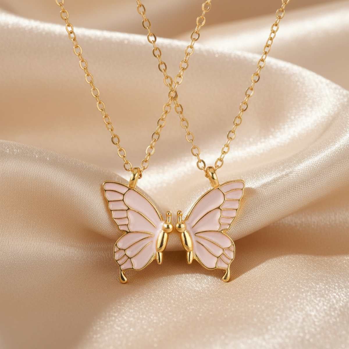 Collier Double Papillon Dégradé Rose Gold - Duo Amitié Sœurs & Meilleures Amies - Gold white