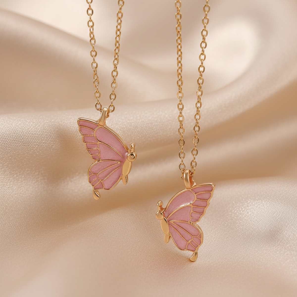 Collier Double Papillon Dégradé Rose Gold - Duo Amitié Sœurs & Meilleures Amies - Rose gold