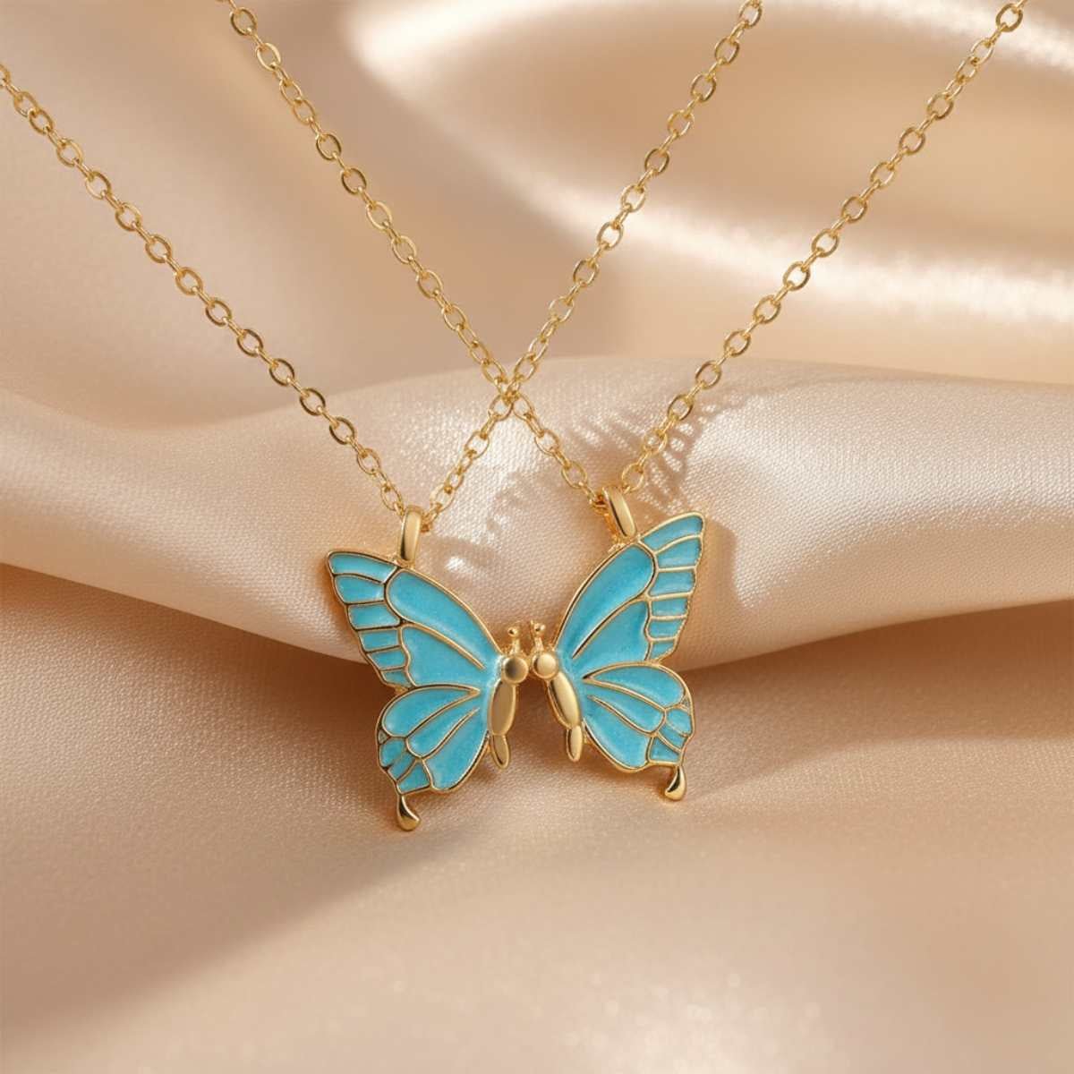 Collier Double Papillon Dégradé Rose Gold - Duo Amitié Sœurs & Meilleures Amies - Gold blue