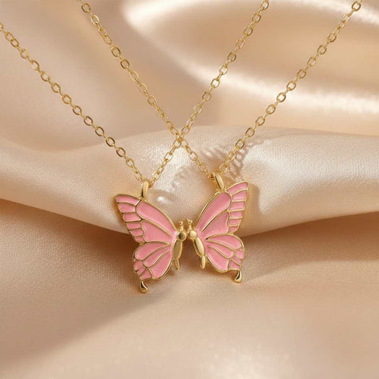 Collier Double Papillon Dégradé Rose Gold - Duo Amitié Sœurs & Meilleures Amies - Rose gold