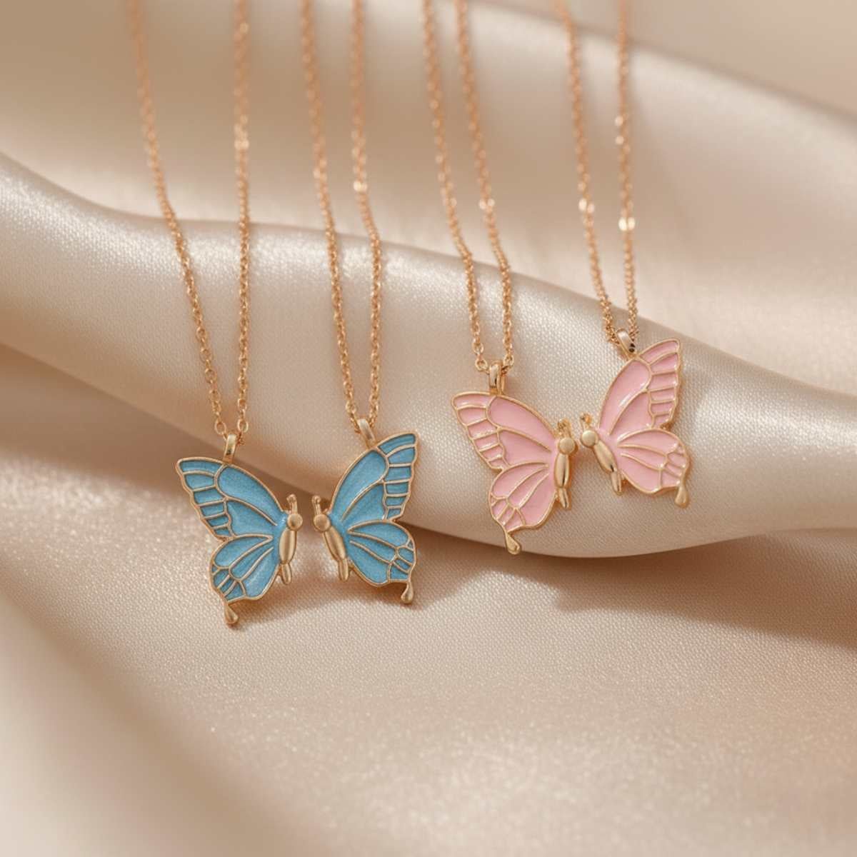 Collier Double Papillon Dégradé Rose Gold - Duo Amitié Sœurs & Meilleures Amies - Rose gold