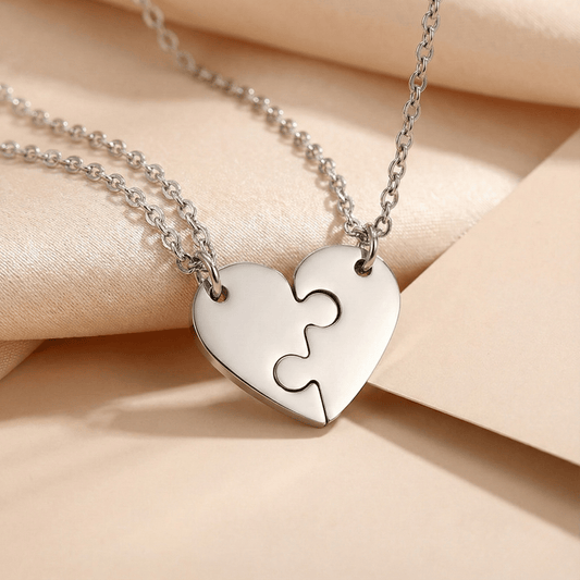 Collier DUO Puzzle Personnalisé Gravé | Acier Inoxydable - Coeur blanc