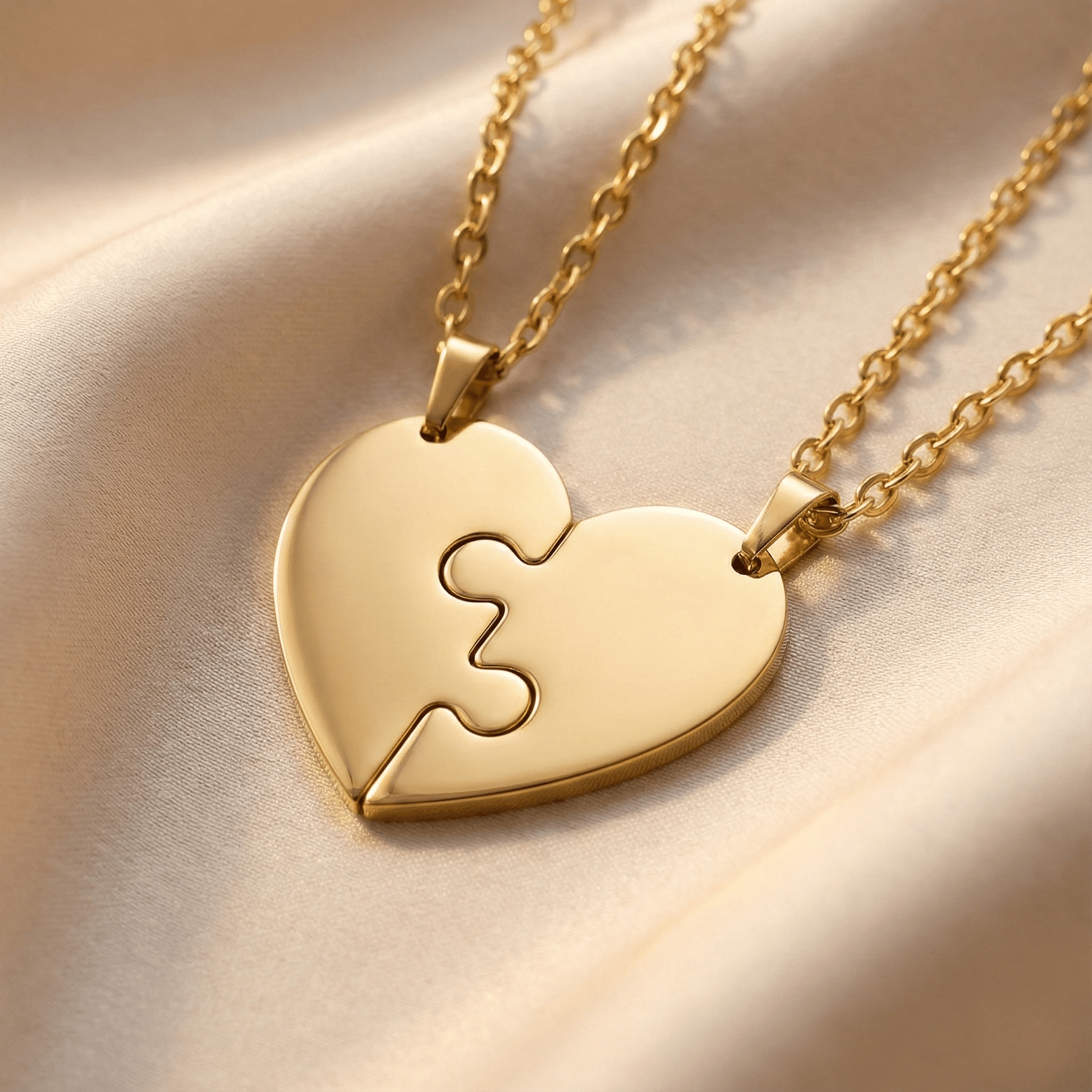 Collier DUO Puzzle Personnalisé Gravé | Acier Inoxydable - Coeur doré