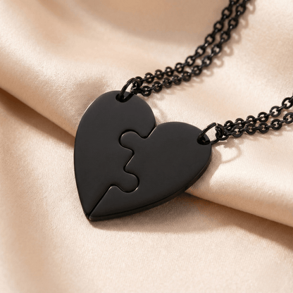 Collier DUO Puzzle Personnalisé Gravé | Acier Inoxydable - Coeur noir